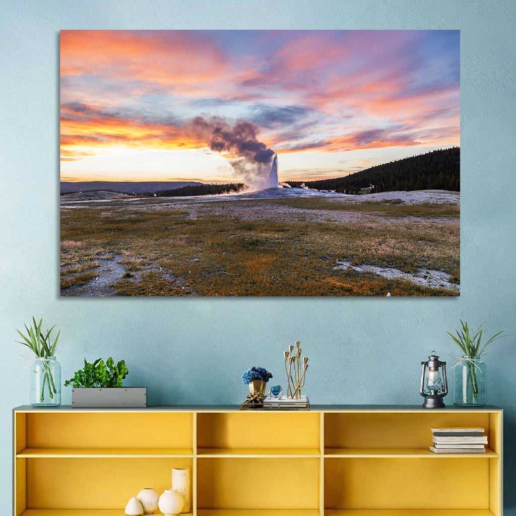 Old Faithful Erupting at Sunset Wall Art