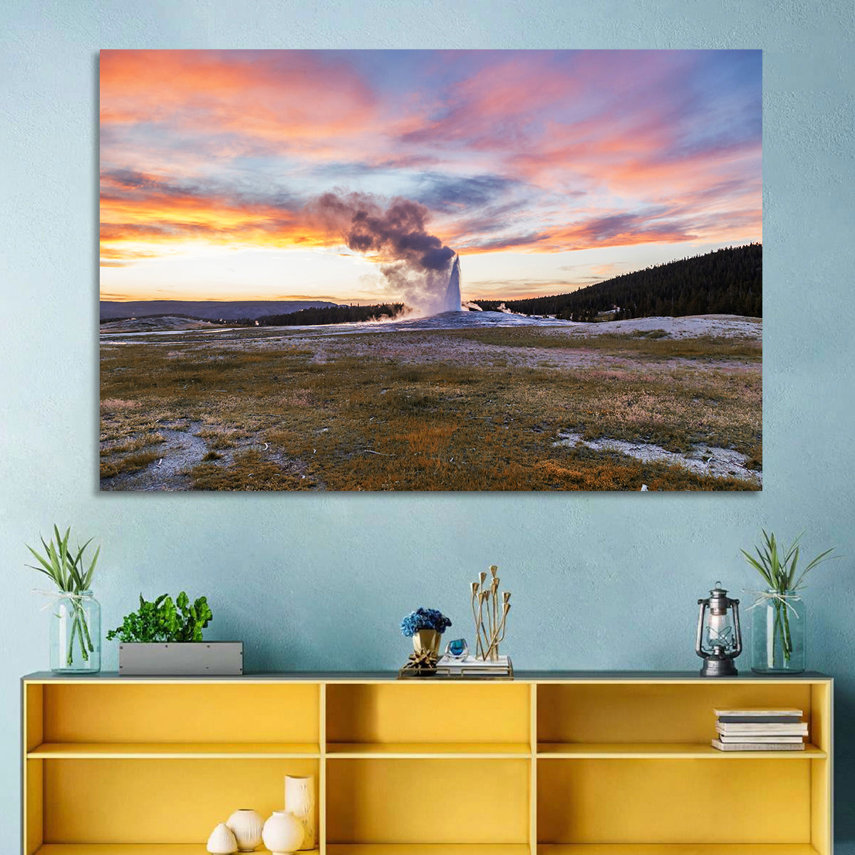 Old Faithful Erupting at Sunset Wall Art in a room, landscape
