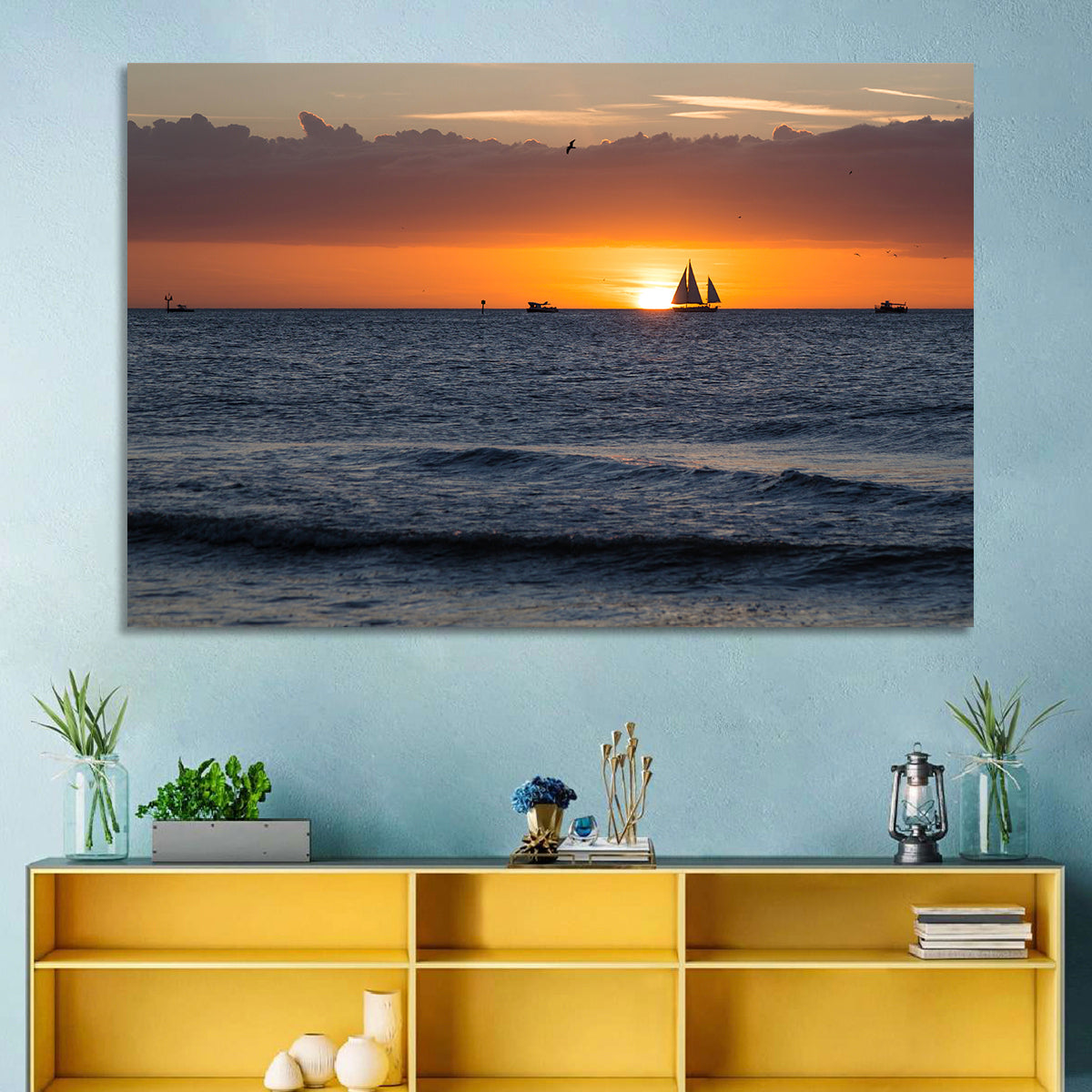 Florida Sailboat Sunset Wall Art in a room, landscape