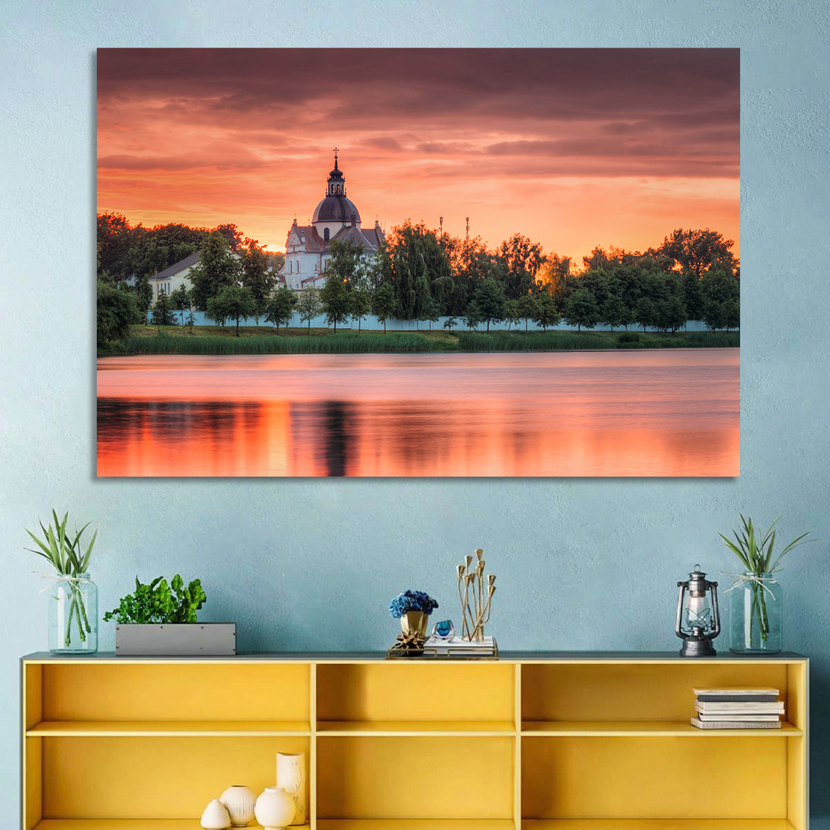 Corpus Christi Church Sunset Reflection Wall Art in a room, landscape