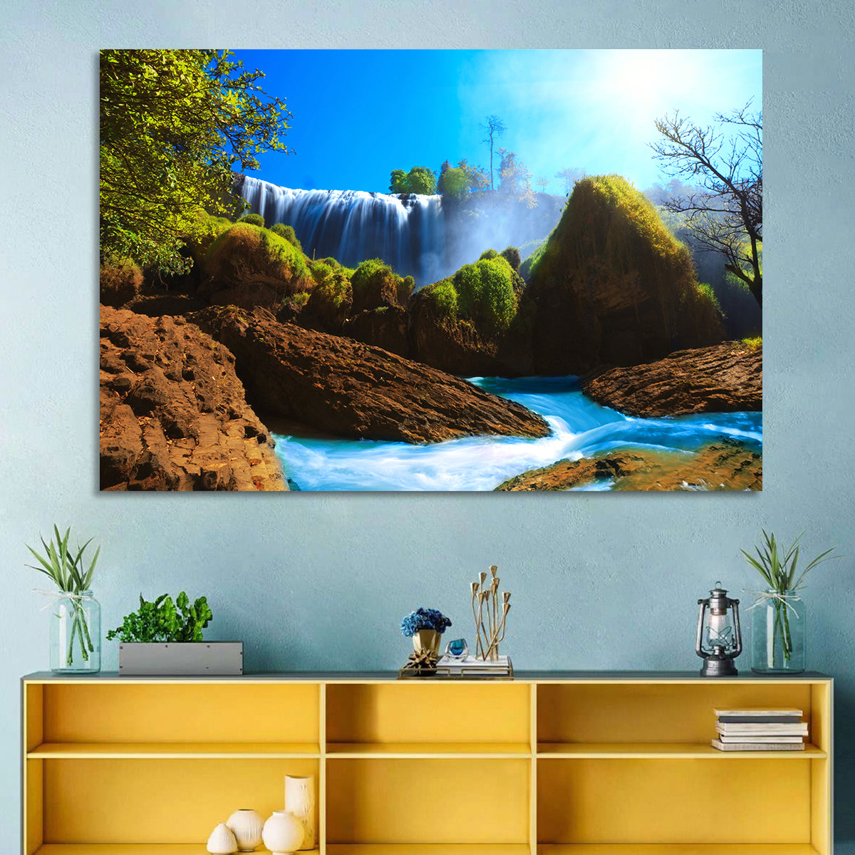 Sunlit Turquoise Waterfall Wall Art in a room, landscape