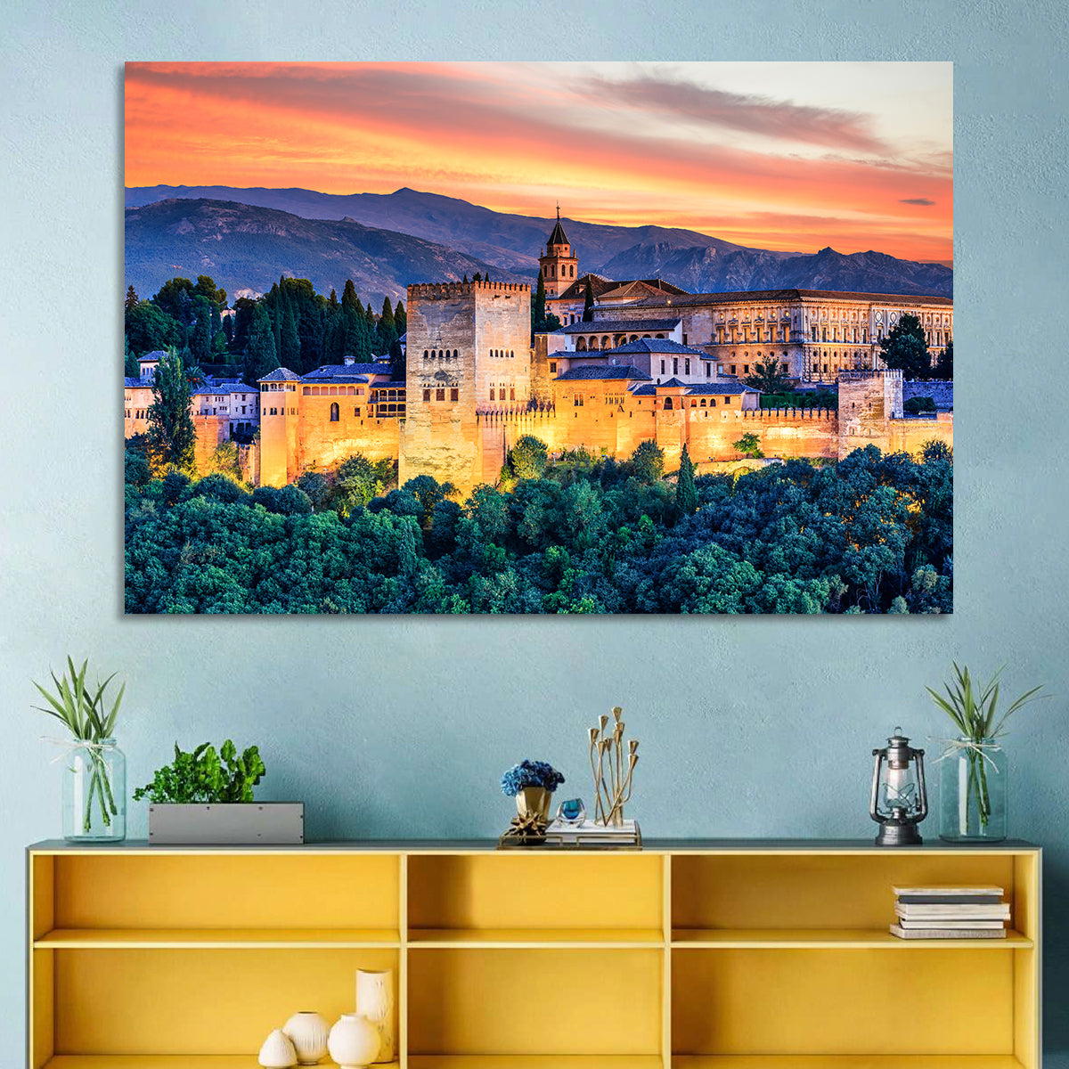 Alhambra Fortress at Golden Sunset Wall Art in a room, landscape