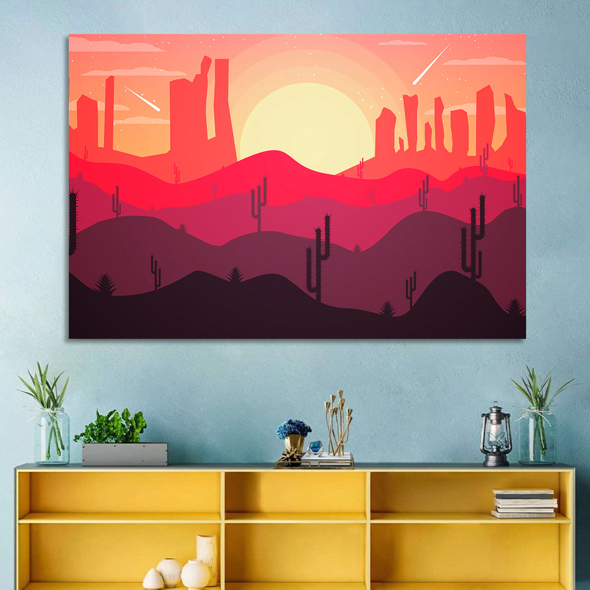 Sunset Desert Cacti Wall Art in a room, landscape