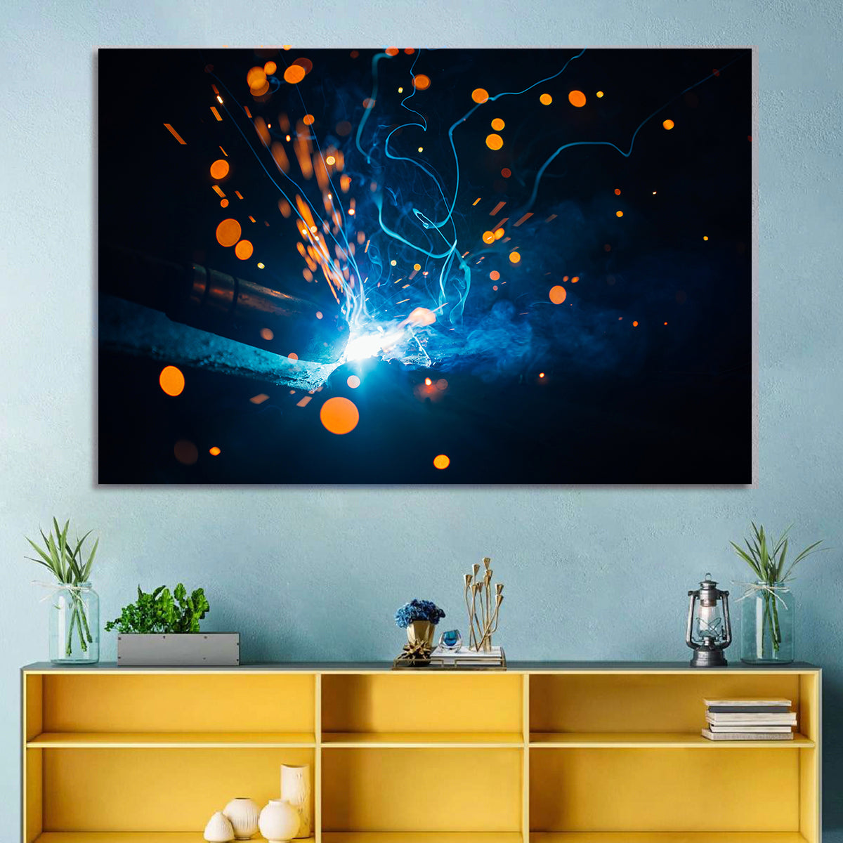 Bright Blue Welding Sparks Wall Art in a room, landscape