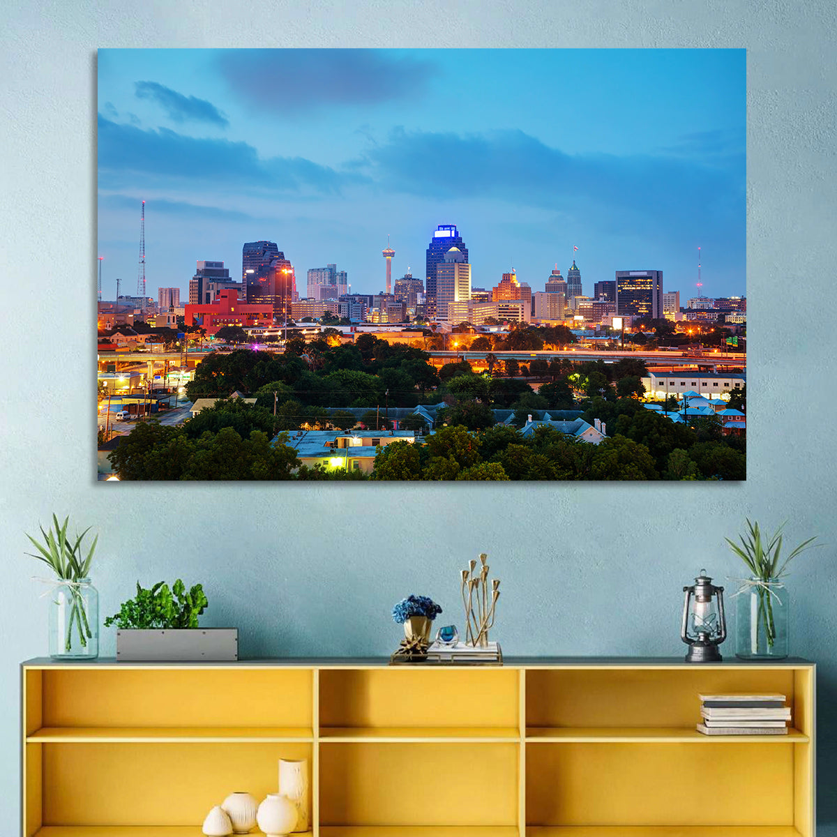 San Antonio Skyline at Dusk Wall Art in a room, landscape
