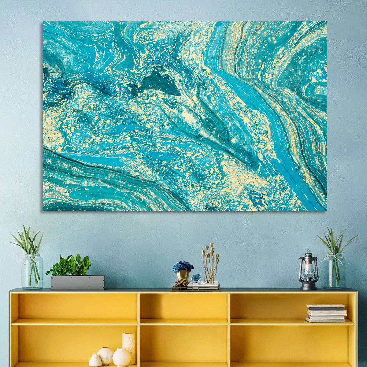 Teal Marble Swirls Abstract Wall Art in a room, landscape
