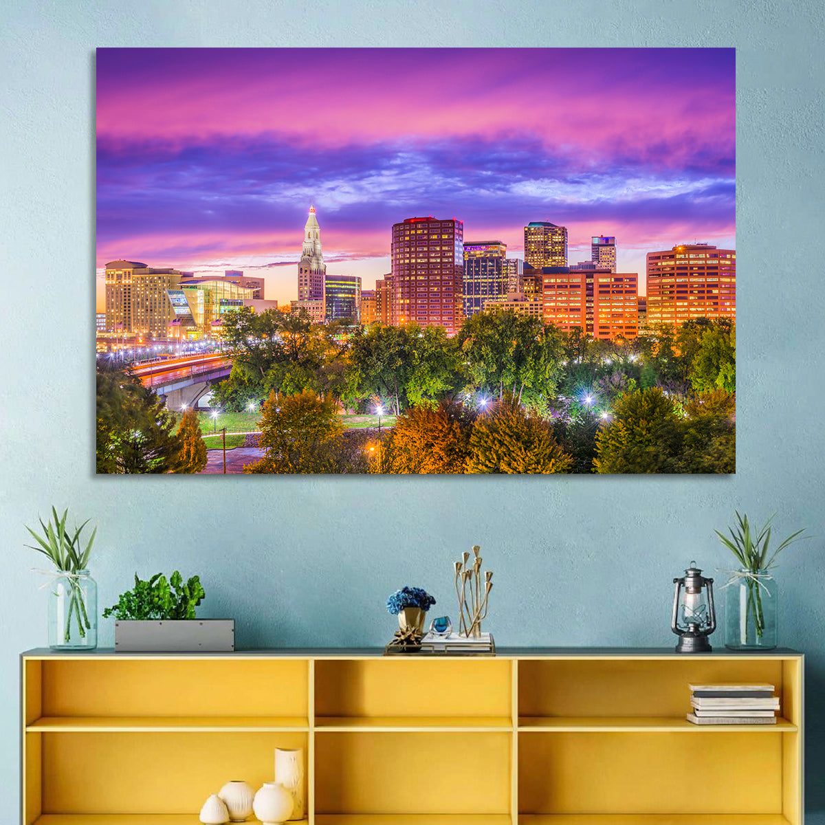 Hartford Skyline at Dusk Wall Art in a room, landscape
