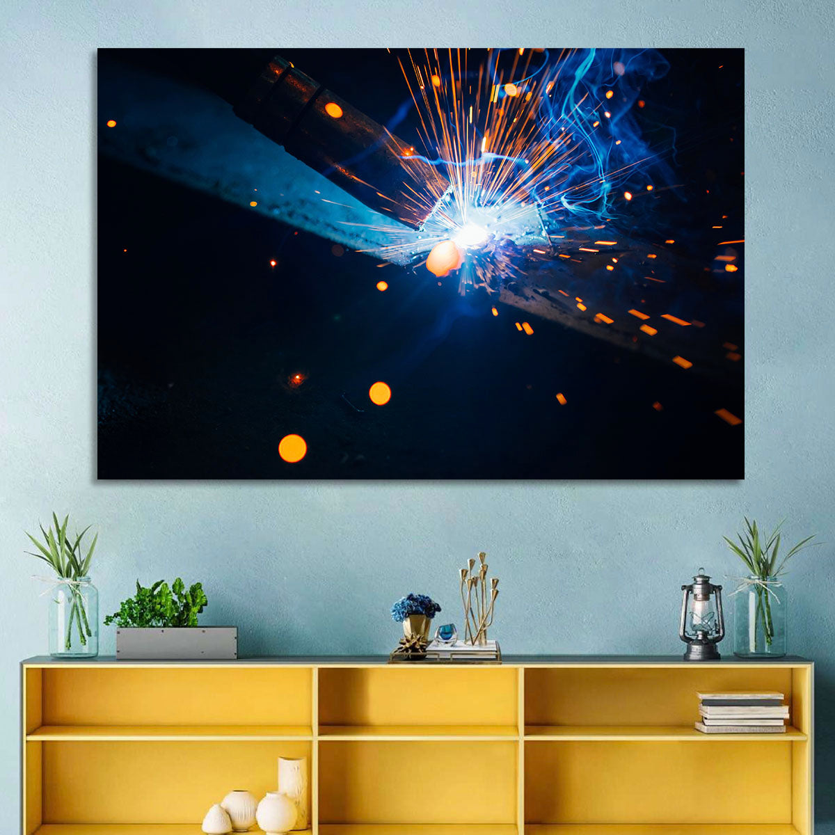 Molten Metal Sparks Wall Art in a room, landscape