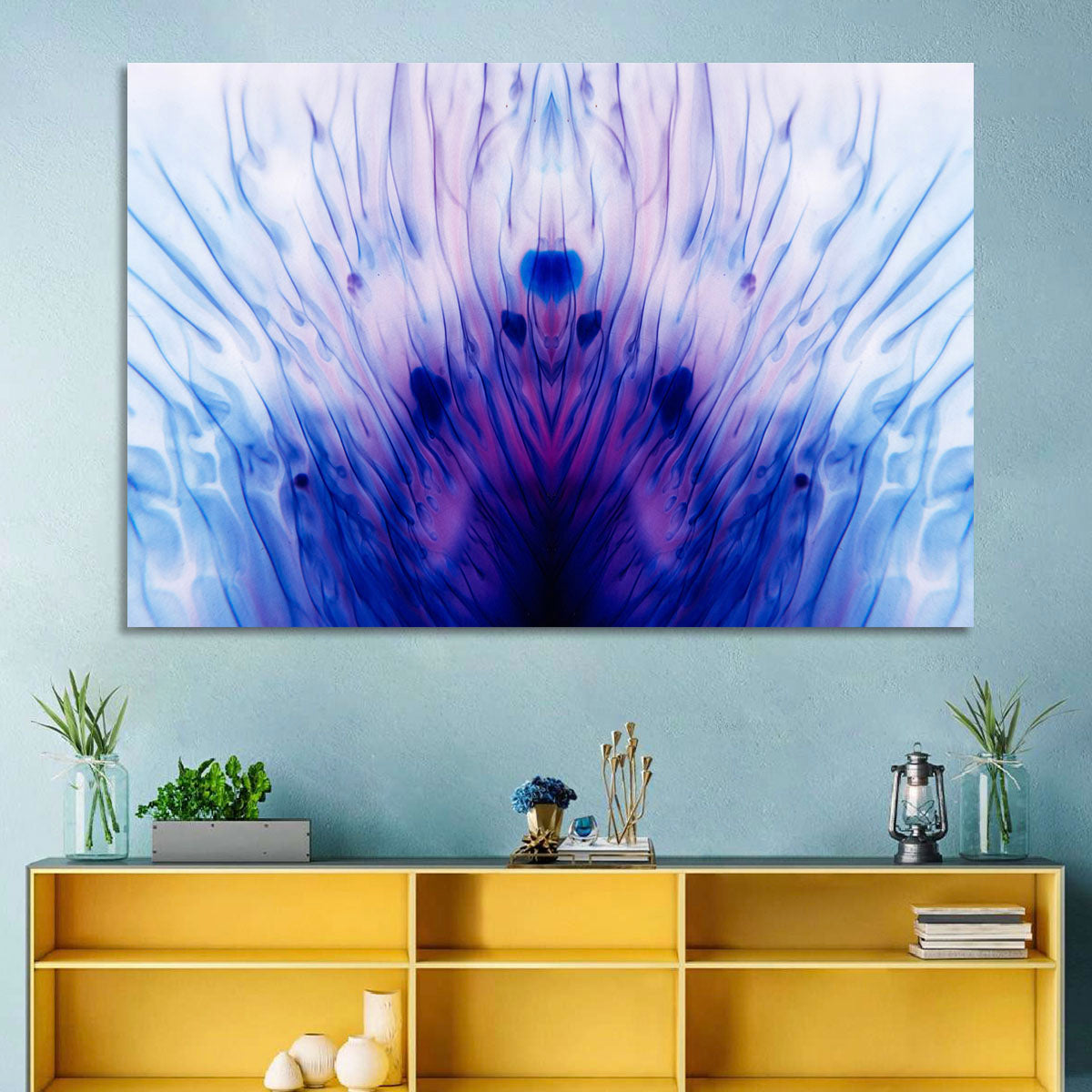 Mirrored Ink Splotch Abstract Wall Art in a room, landscape