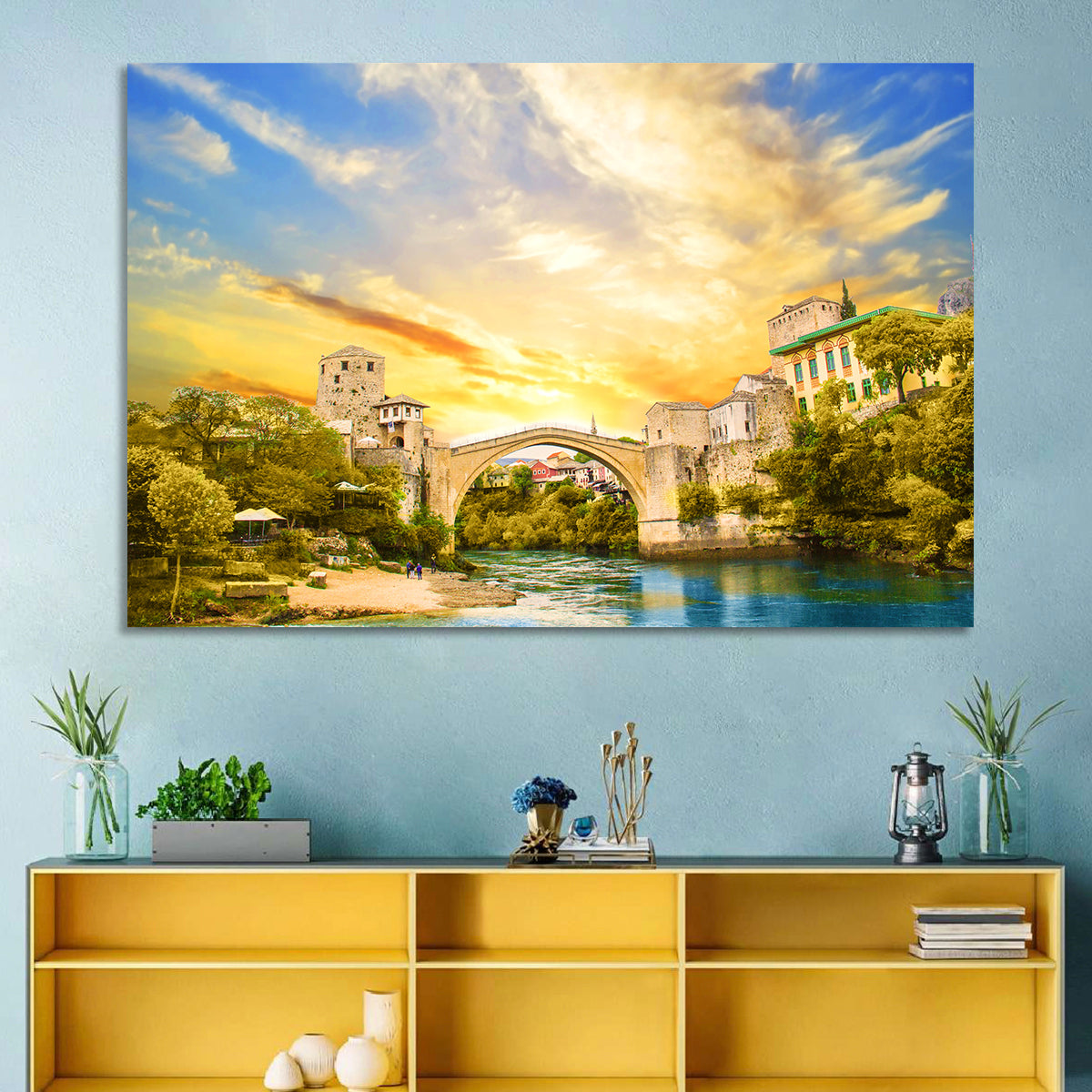 Stari Most at Sunset Wall Art in a room, landscape