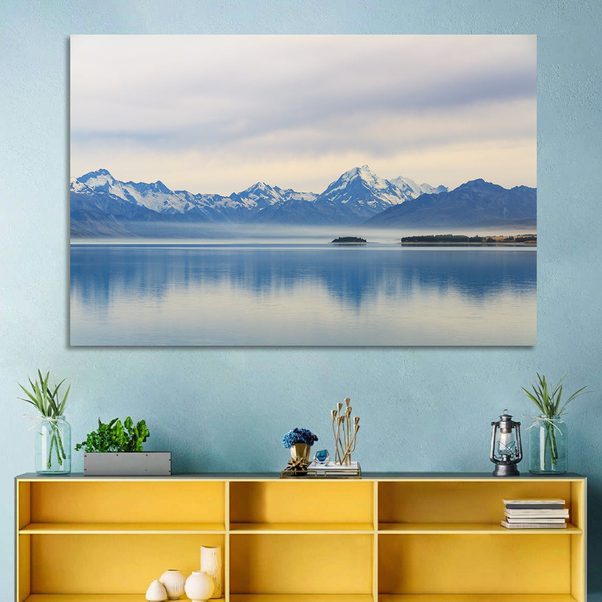 Mount Cook Reflection at Lake Pukaki Wall Art in a room, landscape
