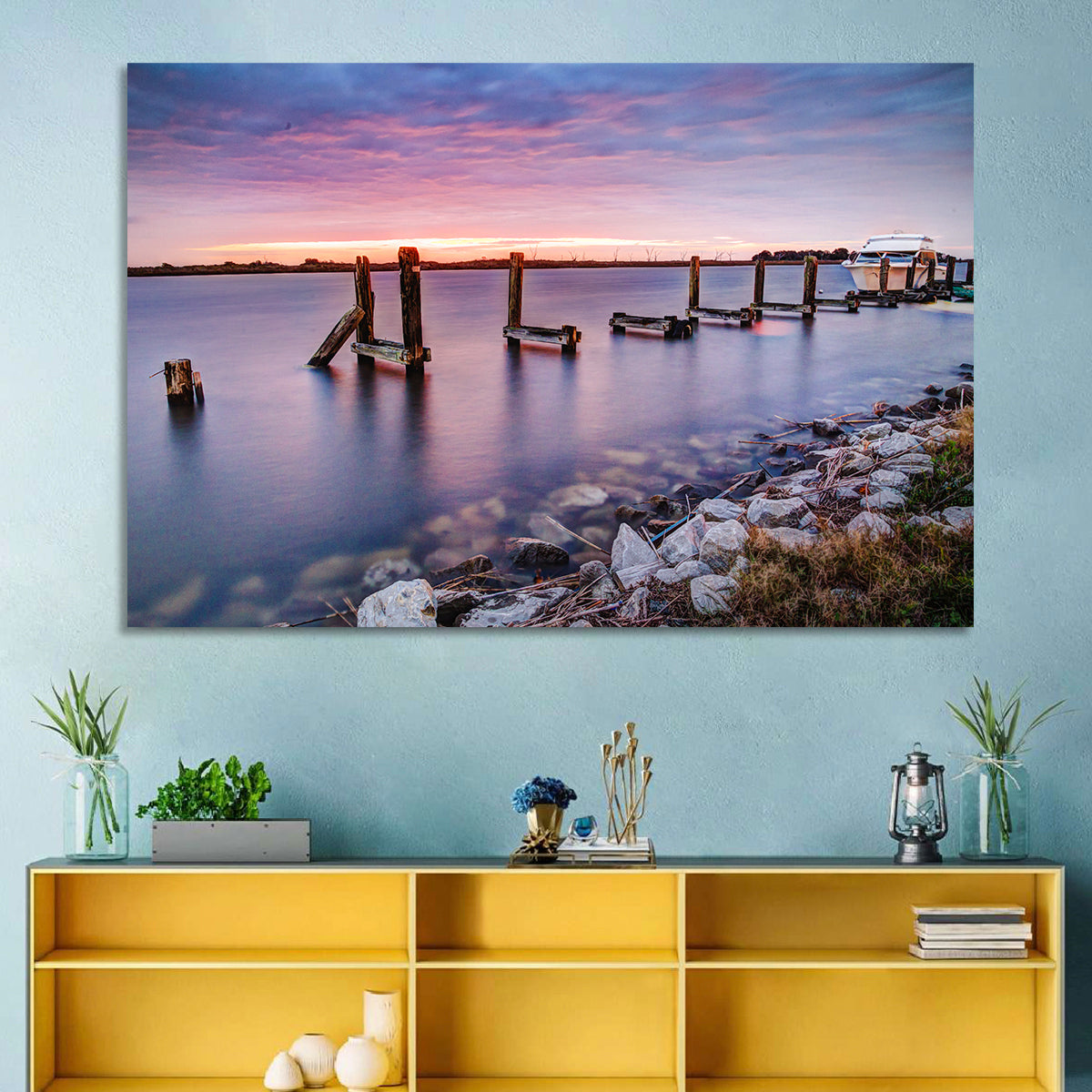 Bayou Lafourche Dock Sunrise Wall Art in a room, landscape