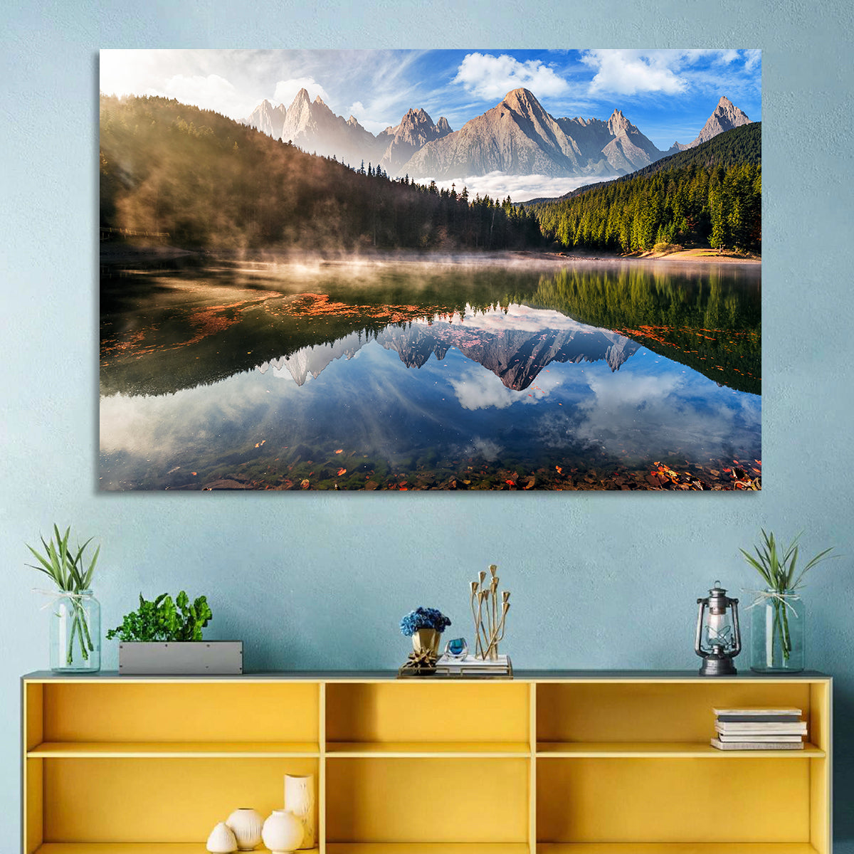 Morning Mist Mountain Lake Wall Art in a room, landscape