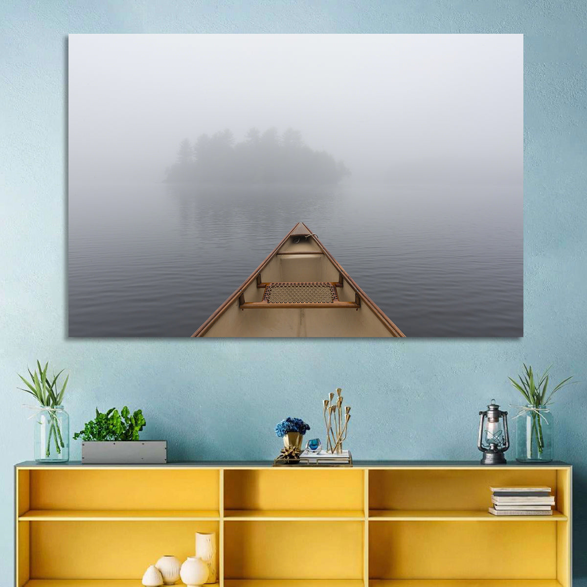 Canoe on Misty Ontario Lake Wall Art in a room, landscape