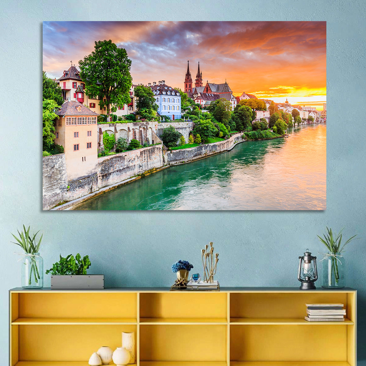 Basel Old Town at Sunset Wall Art in a room, landscape
