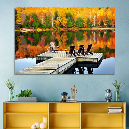 Autumn Lake Dock with Adirondack Chairs Wall Art