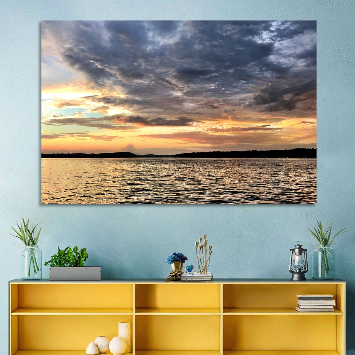 Lake Tillery Sunset Wall Art in a room, landscape
