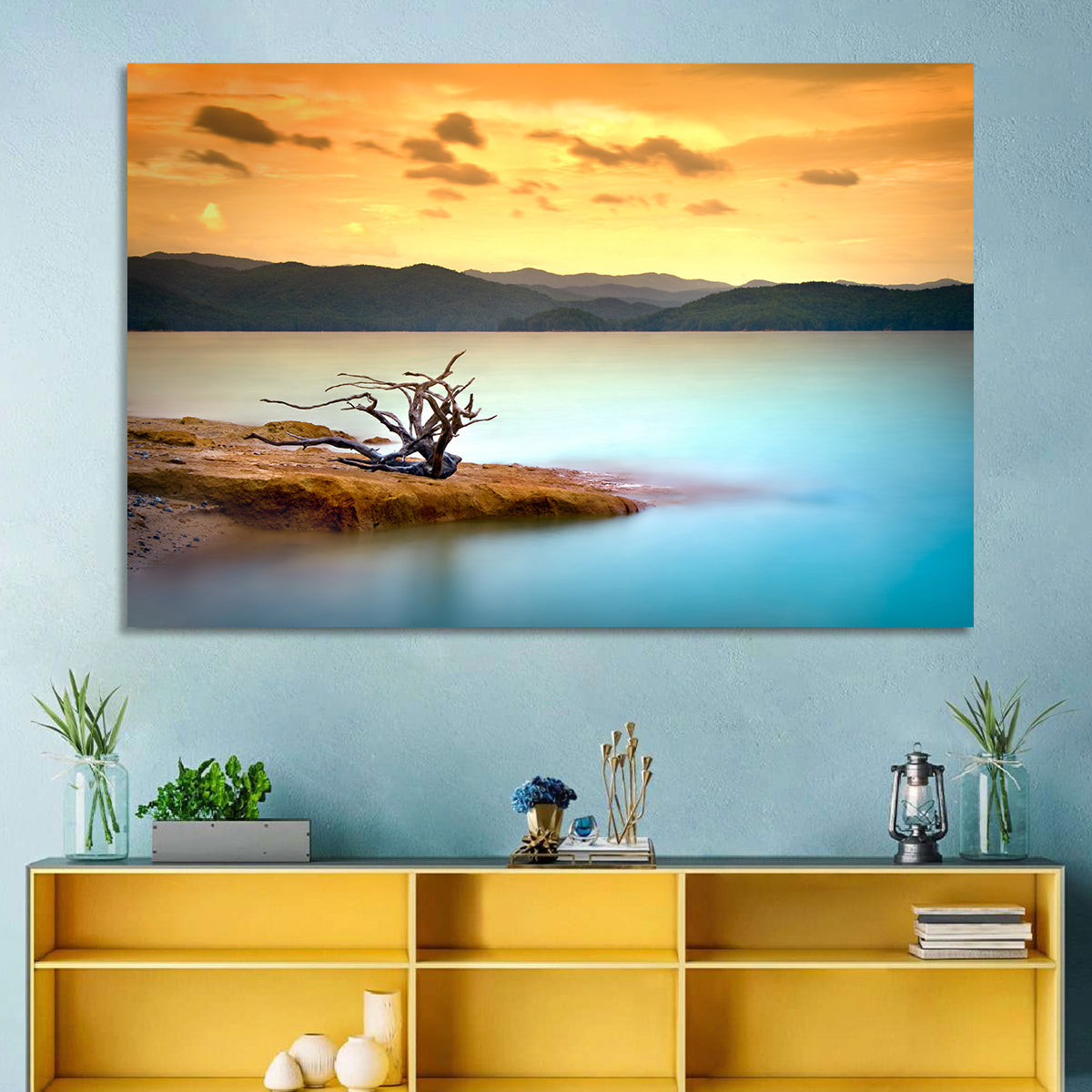 Gnarled Driftwood at Turquoise Lake Wall Art in a room, landscape