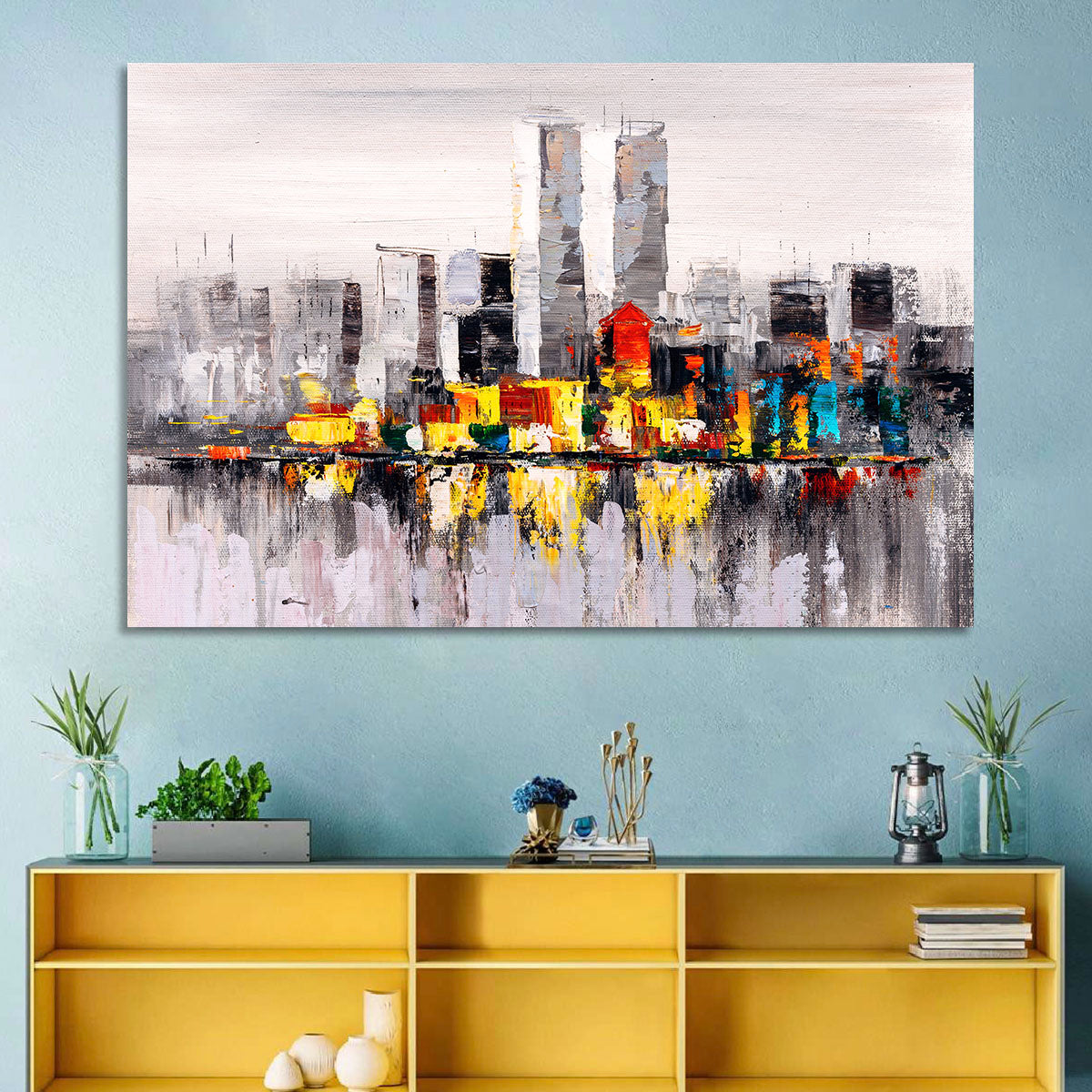 Abstract Skyline with Water Reflection Wall Art in a room, landscape