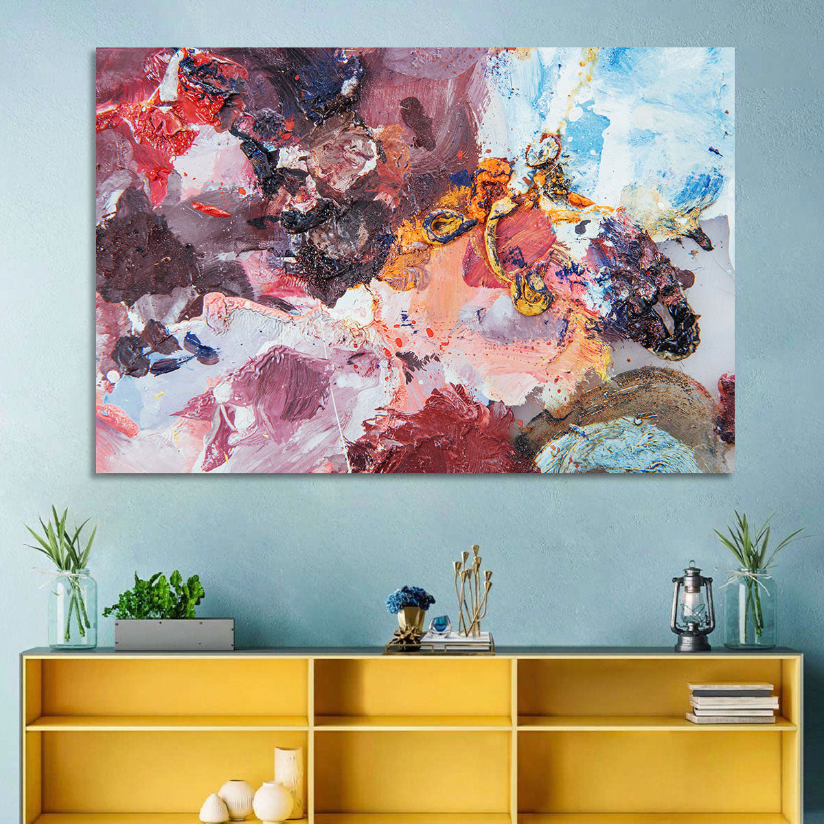Impasto Color Swirl Abstract Wall Art in a room, landscape