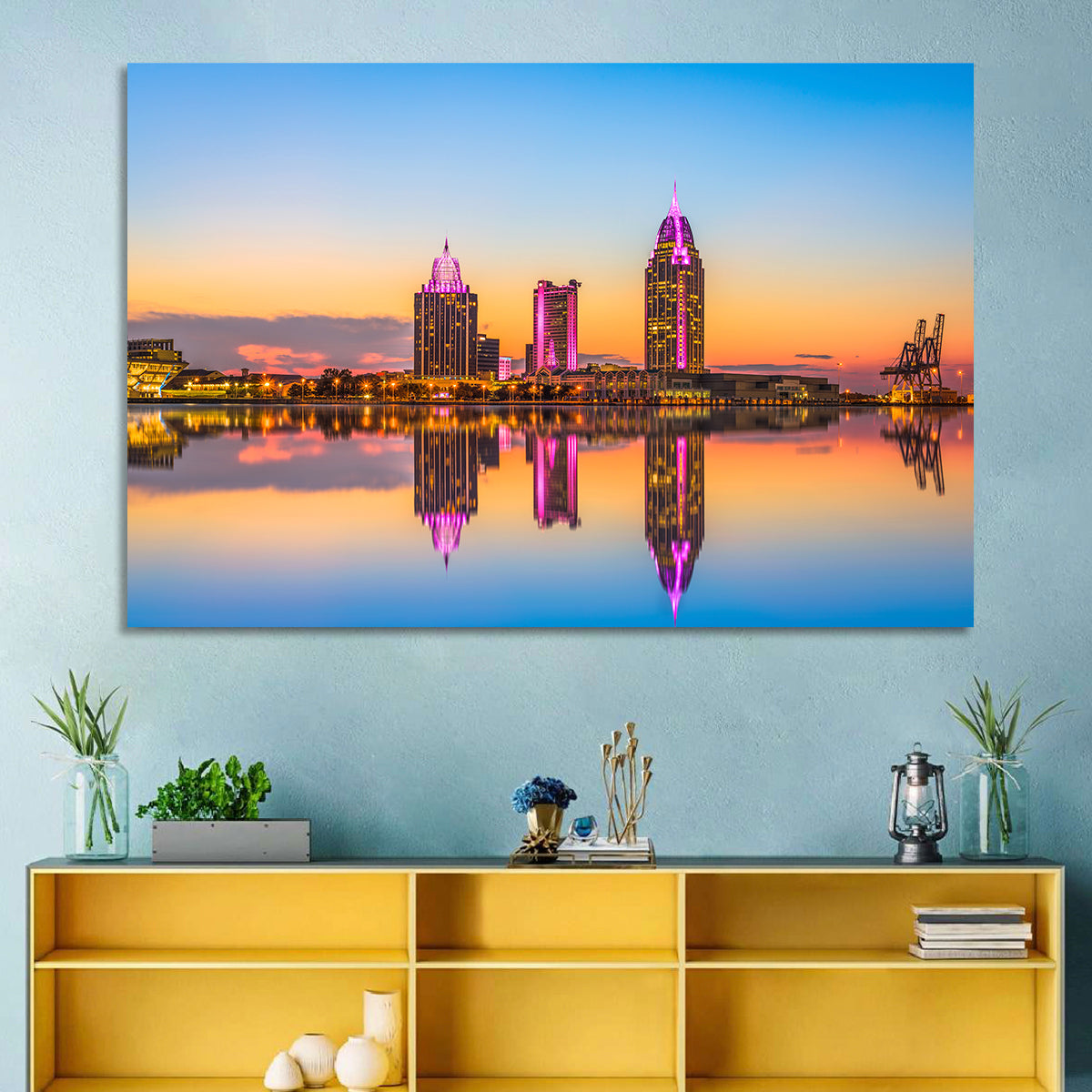 Mobile Alabama Sunset Skyline Wall Art in a room, landscape
