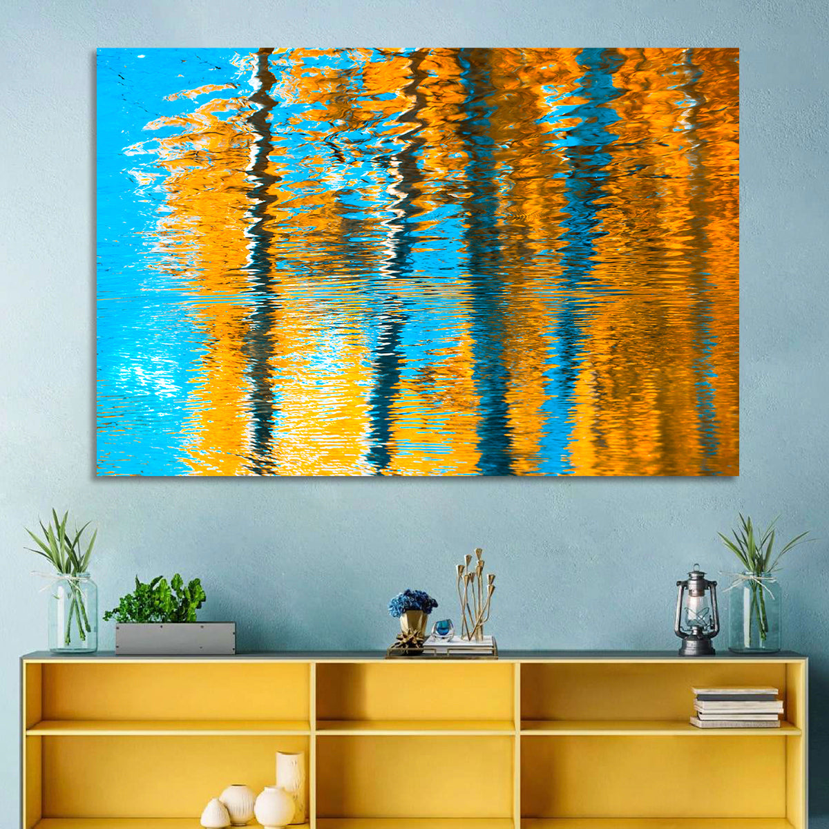 Blue Autumn Reflection Wall Art in a room, landscape