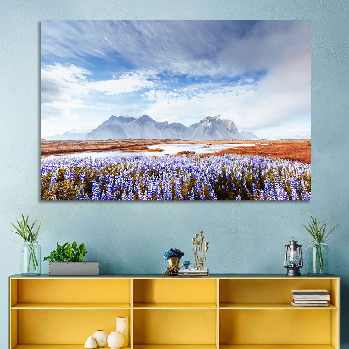 Lupine Fields at Vestrahorn Wall Art in a room, landscape