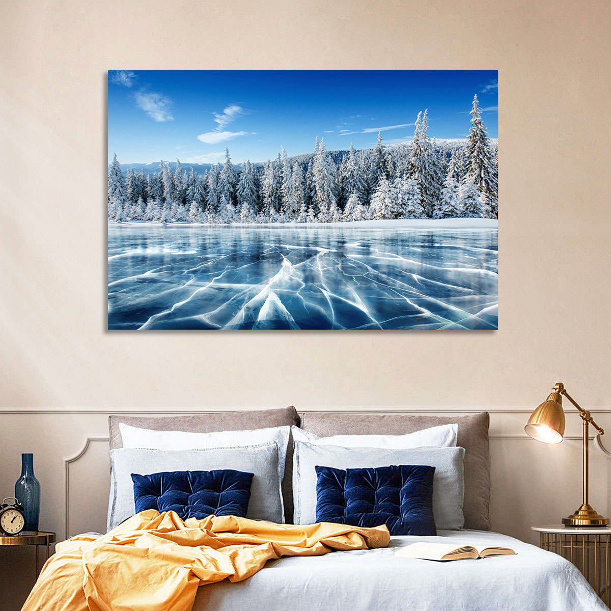 Cracked Ice Lake with Snowy Pines Wall Art in a room, landscape