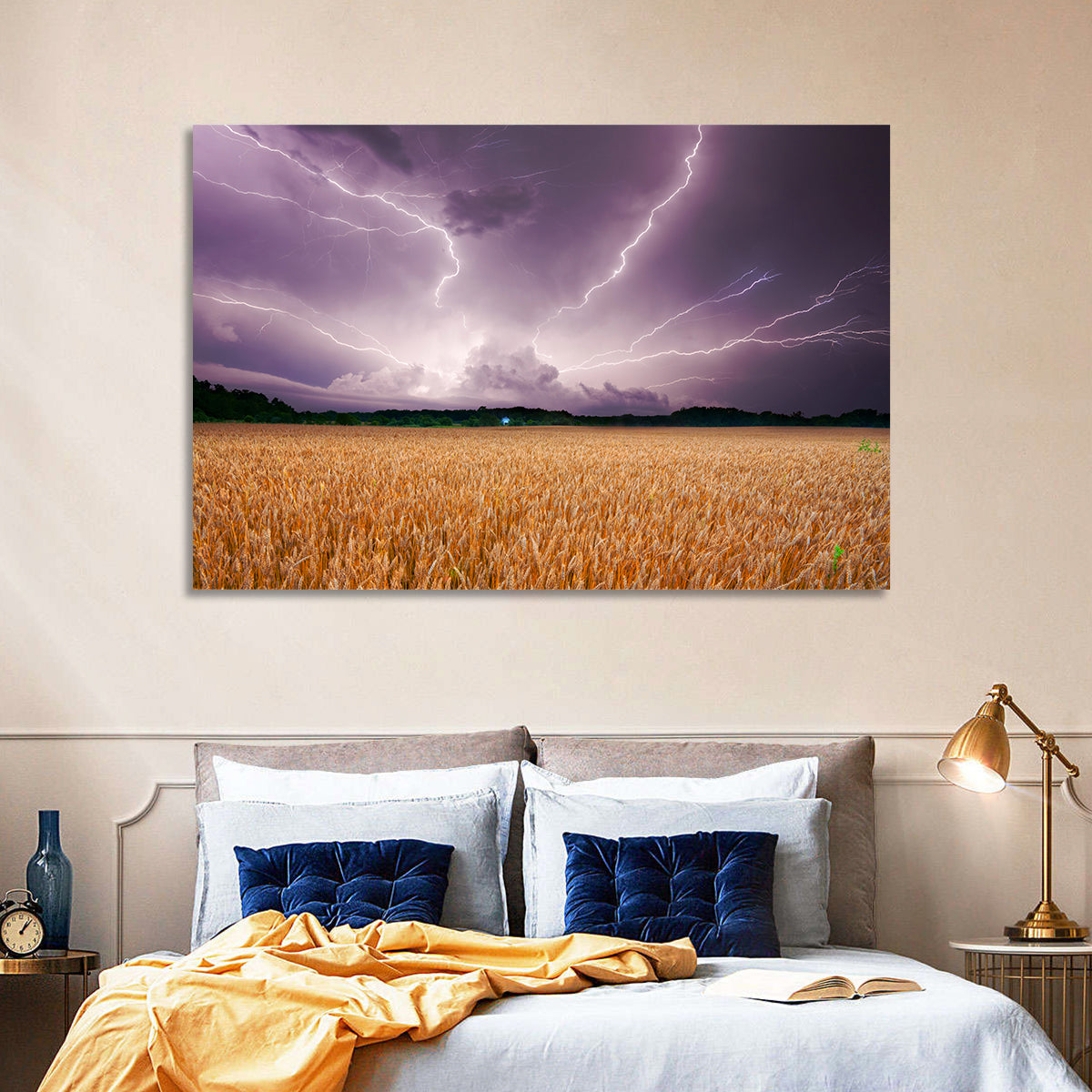 Lightning Over Wheat Field Wall Art in a room, landscape