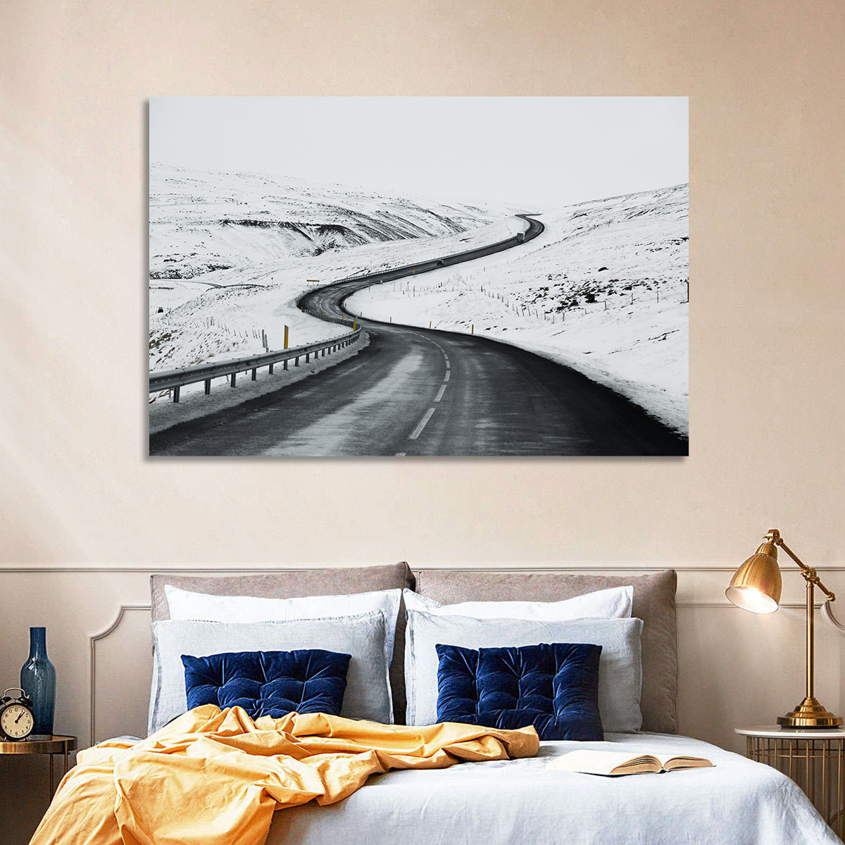 Winding Snow Road with Yellow Markers Wall Art in a room, landscape