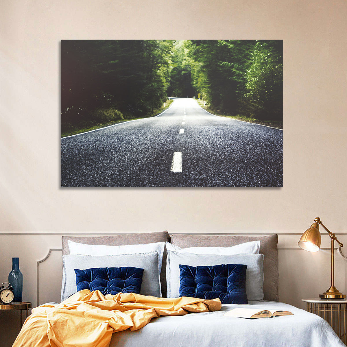 Summer Forest Road with Yellow Sign Wall Art in a room, landscape