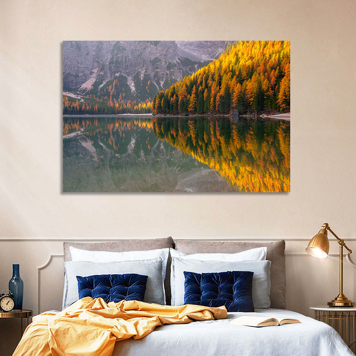 Braies Lake Golden Reflection Wall Art in a room, landscape