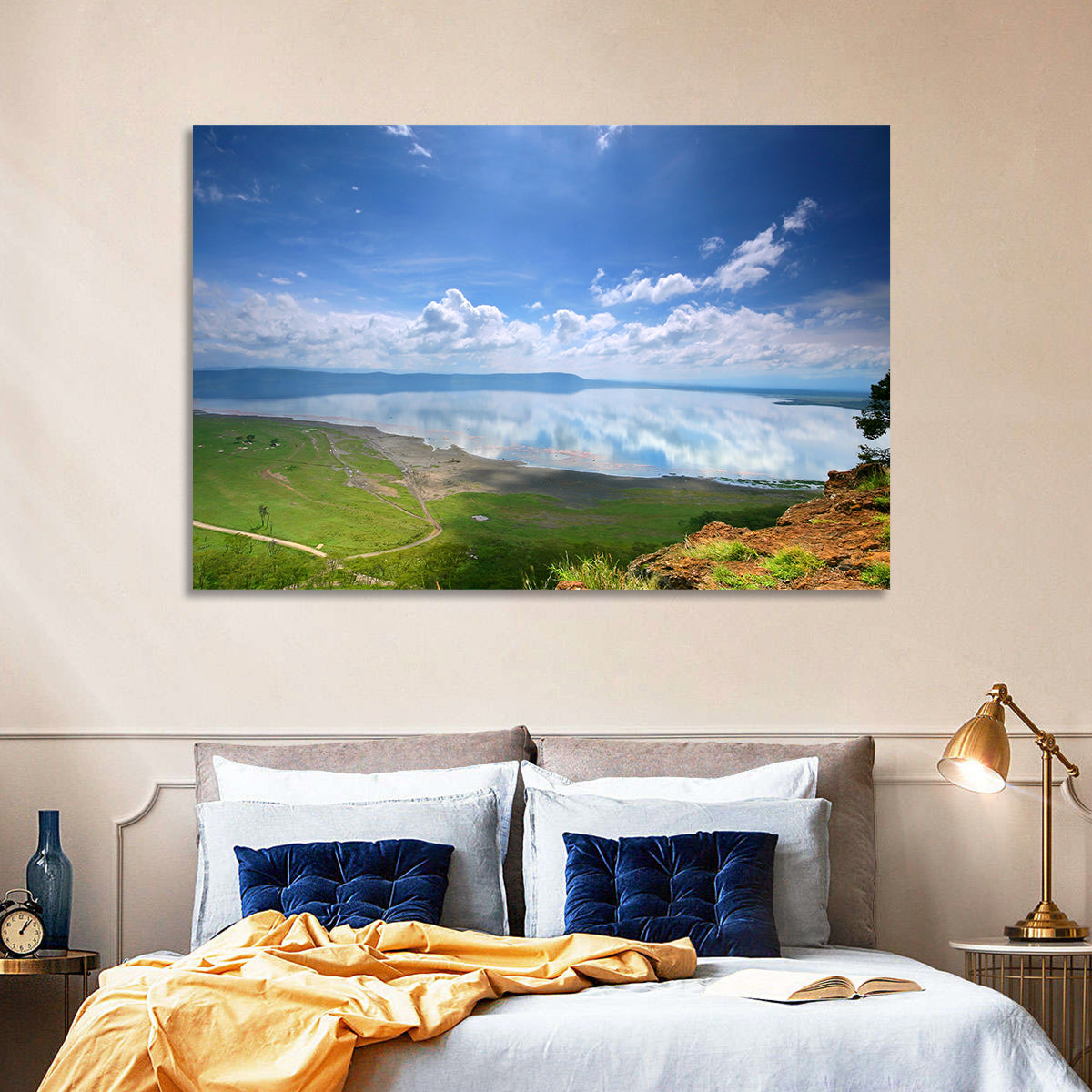 Lake Nakuru Cliffside Reflection Wall Art in a room, landscape