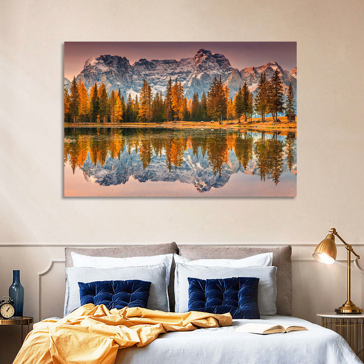 Antorno Lake Autumn Reflection Wall Art in a room, landscape