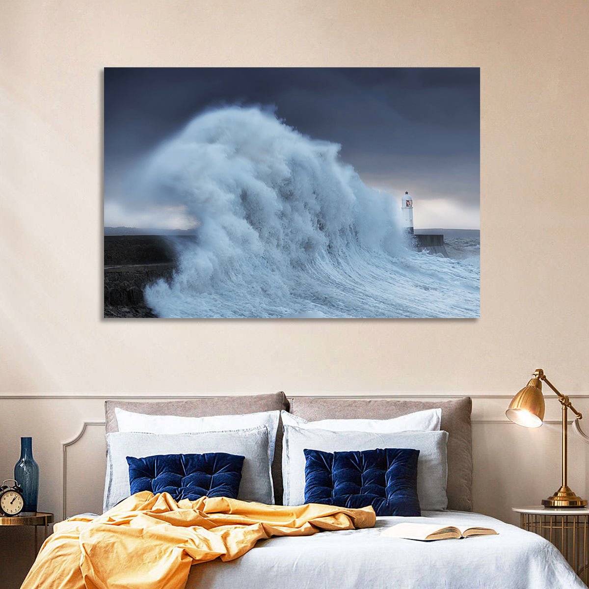 Lighthouse in a Sea Storm Wall Art in a room, landscape
