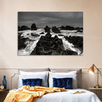 Moody Black and White Rocky Coast Waves Wall Art