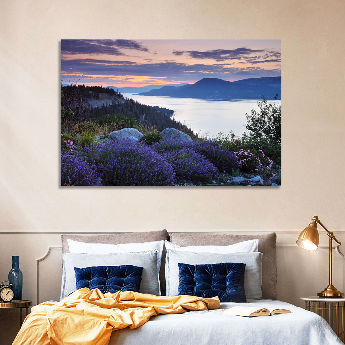 Okanagan Lavender Lake Wall Art in a room, landscape
