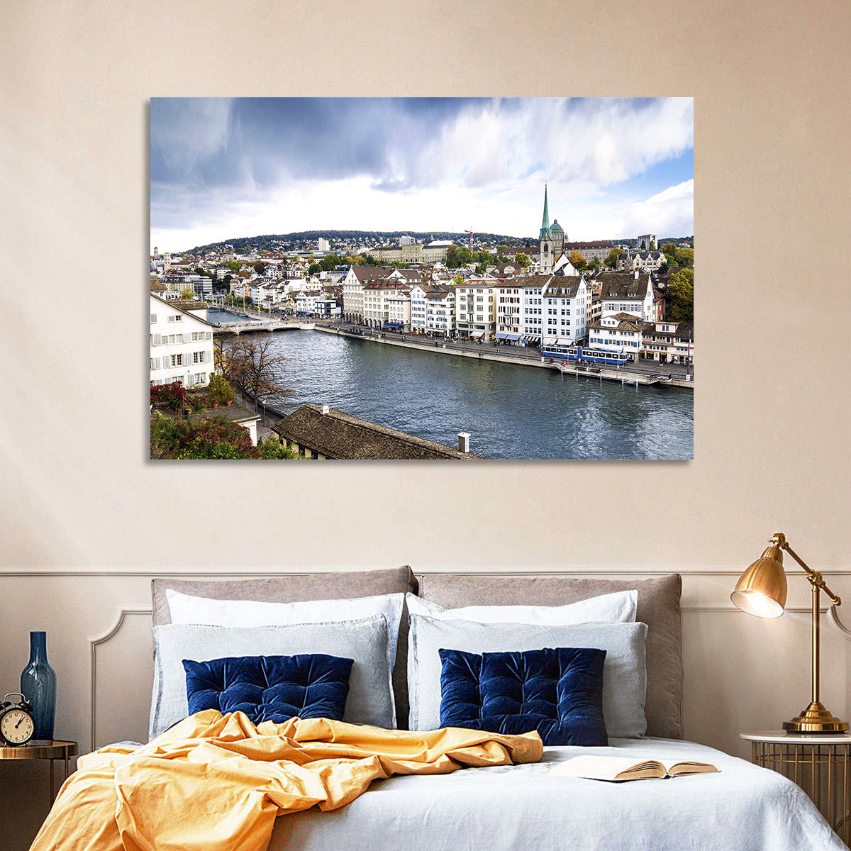 Limmat River at Fraumünster, Zurich Wall Art in a room, landscape