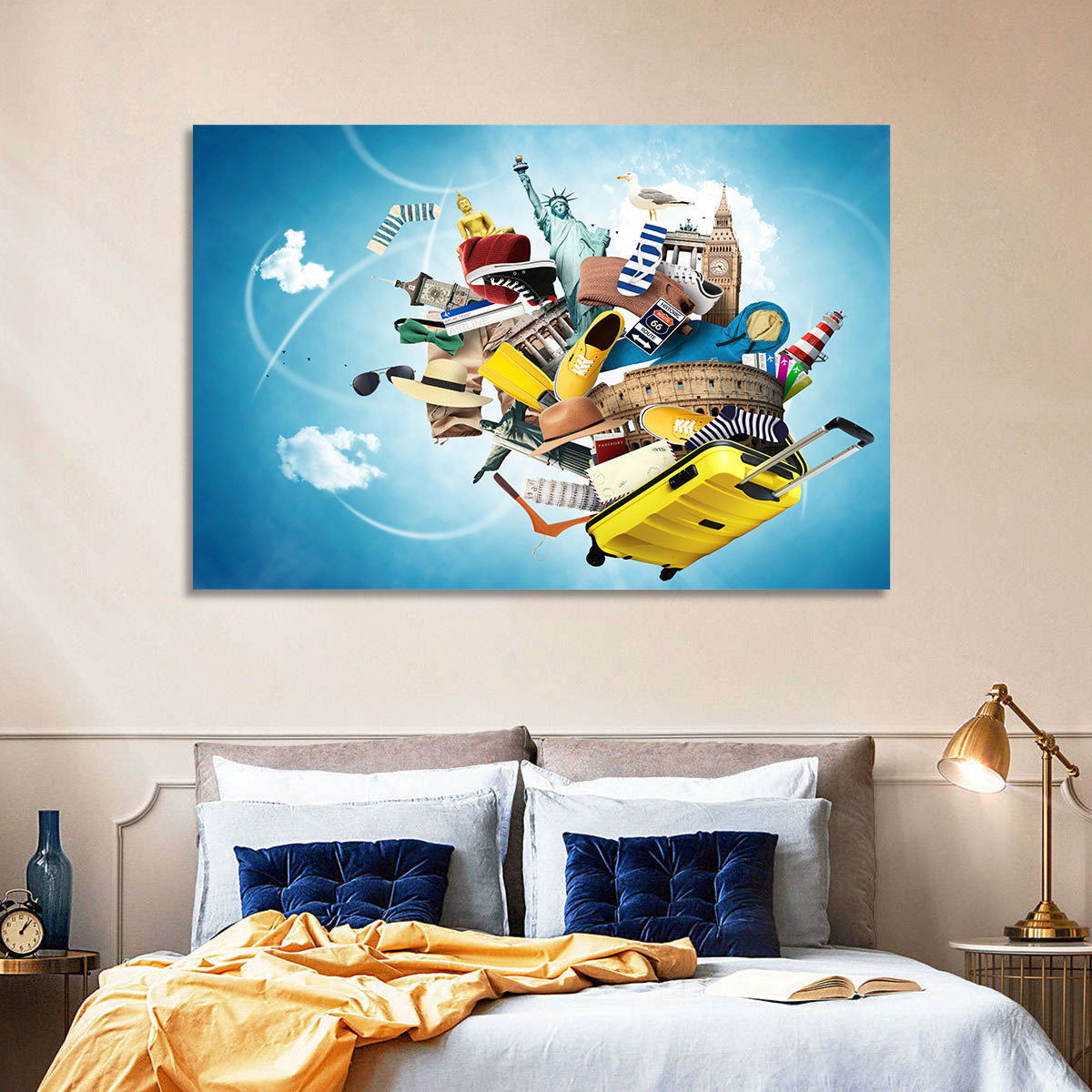 Floating Landmarks with Yellow Suitcase Wall Art