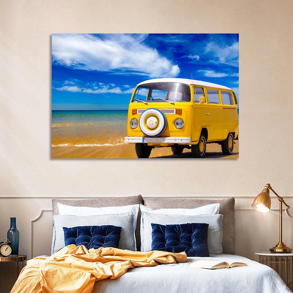 Yellow Vintage Van on Beach Wall Art