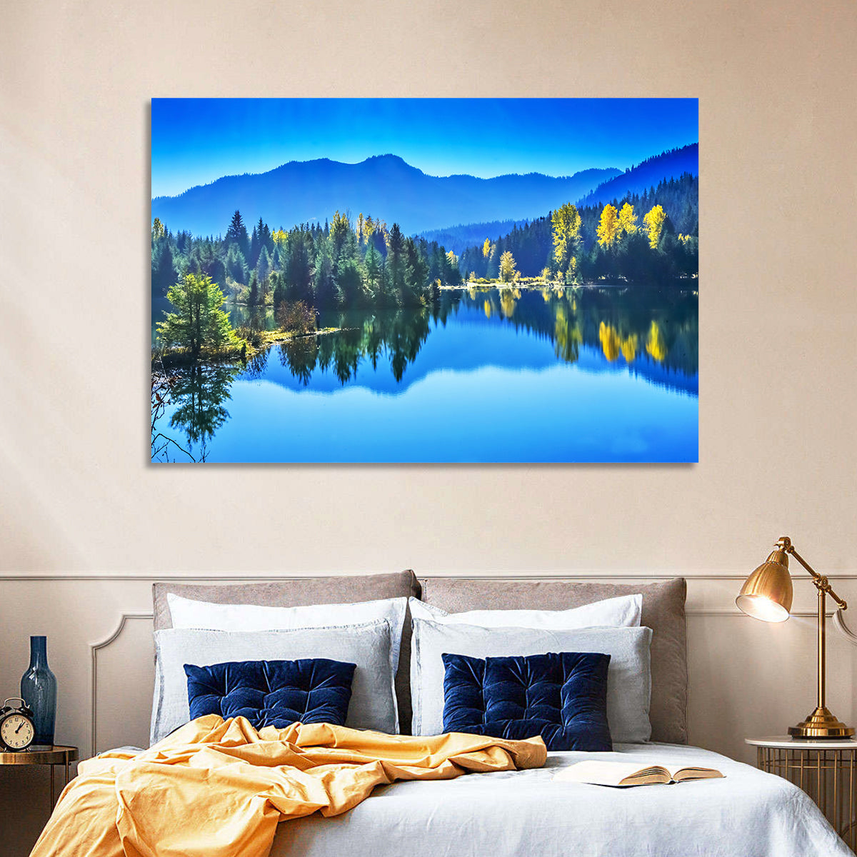 Gold Lake Reflection Wall Art in a room, landscape
