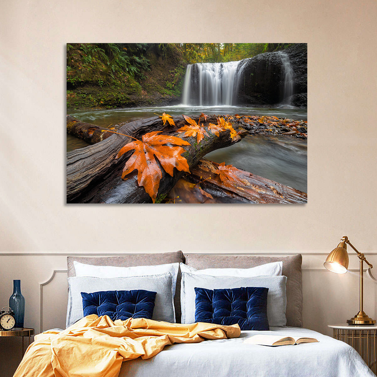 Clackamas Waterfall with Maple Leaf Wall Art in a room, landscape