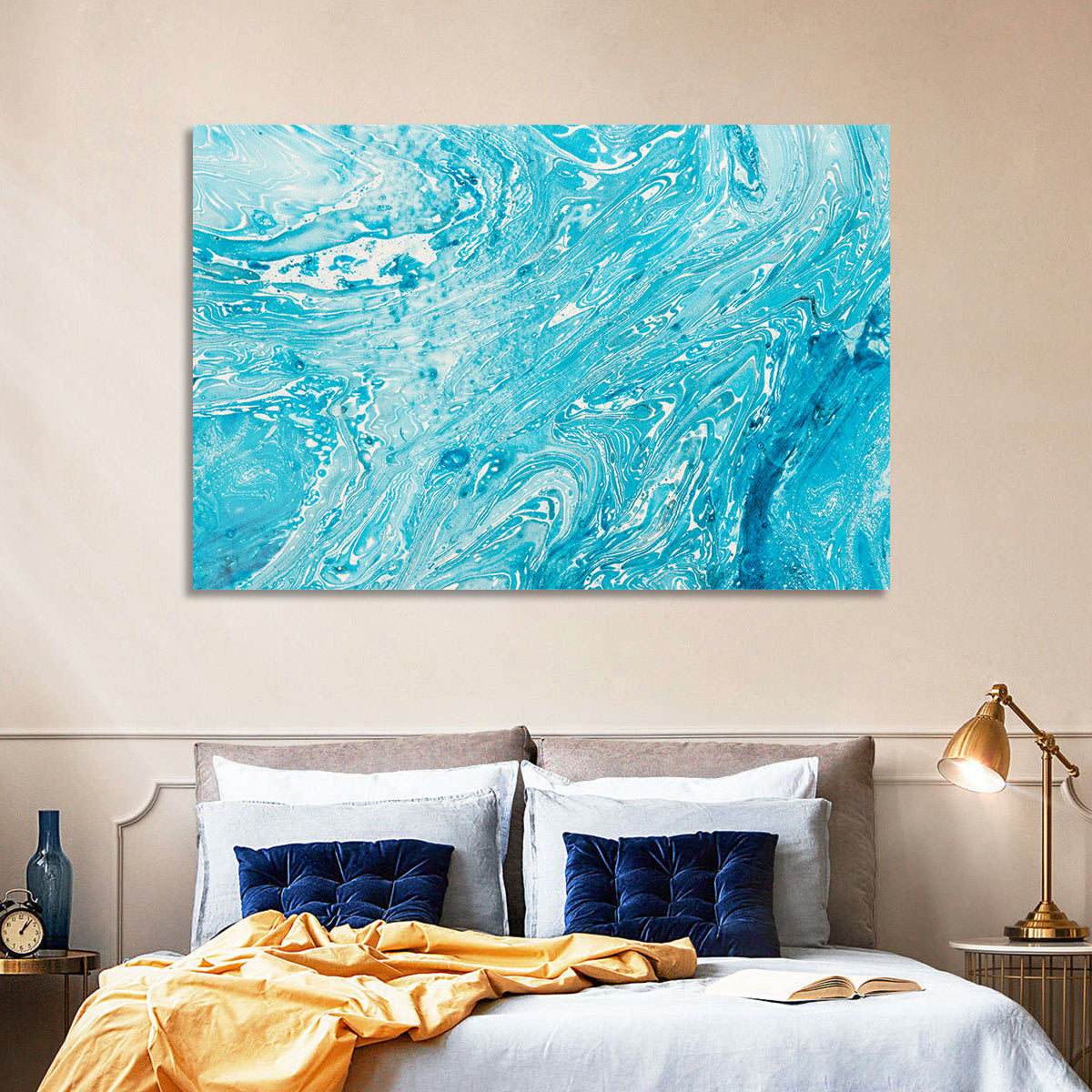 Cerulean Marbled Waves Wall Art in a room, landscape