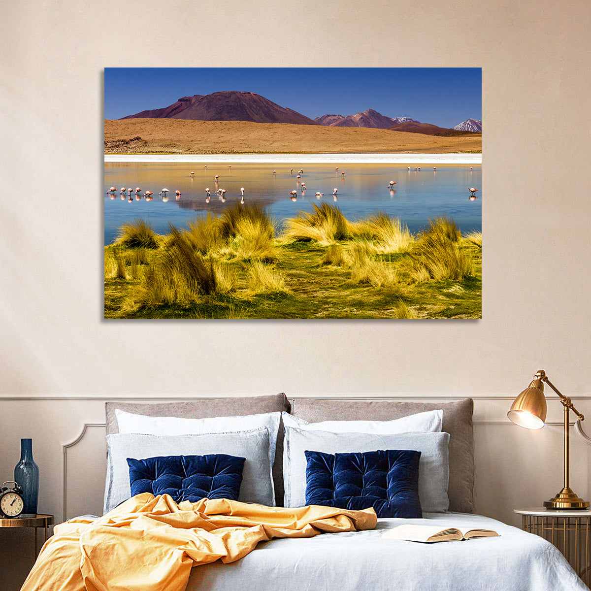 Flamingos on Salt Lake Wall Art in a room, landscape