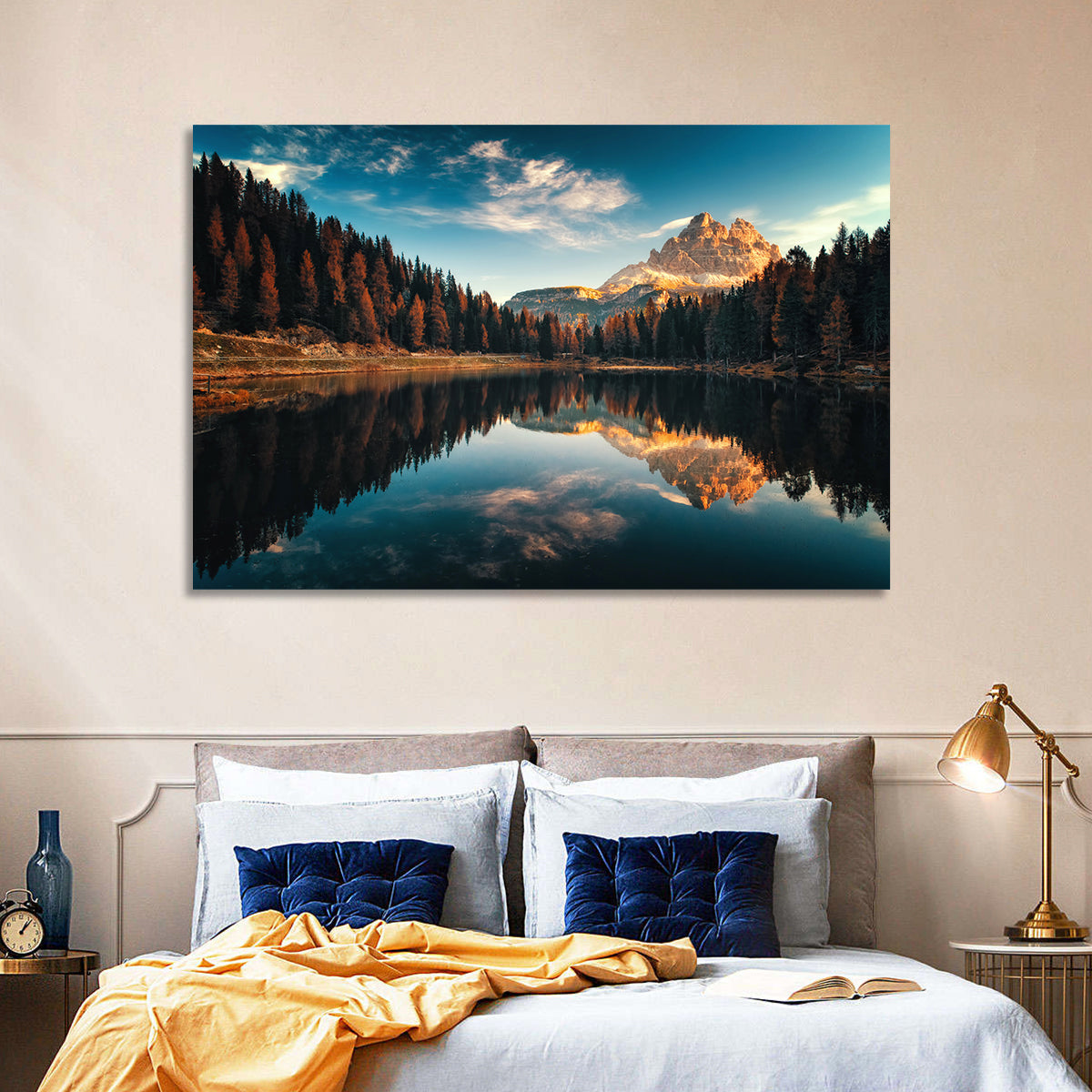 Lago Antorno Golden Hour Reflection Wall Art in a room, landscape