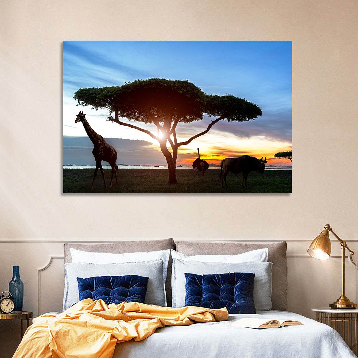 Savanna Silhouettes at Golden Hour Wall Art in a room, landscape