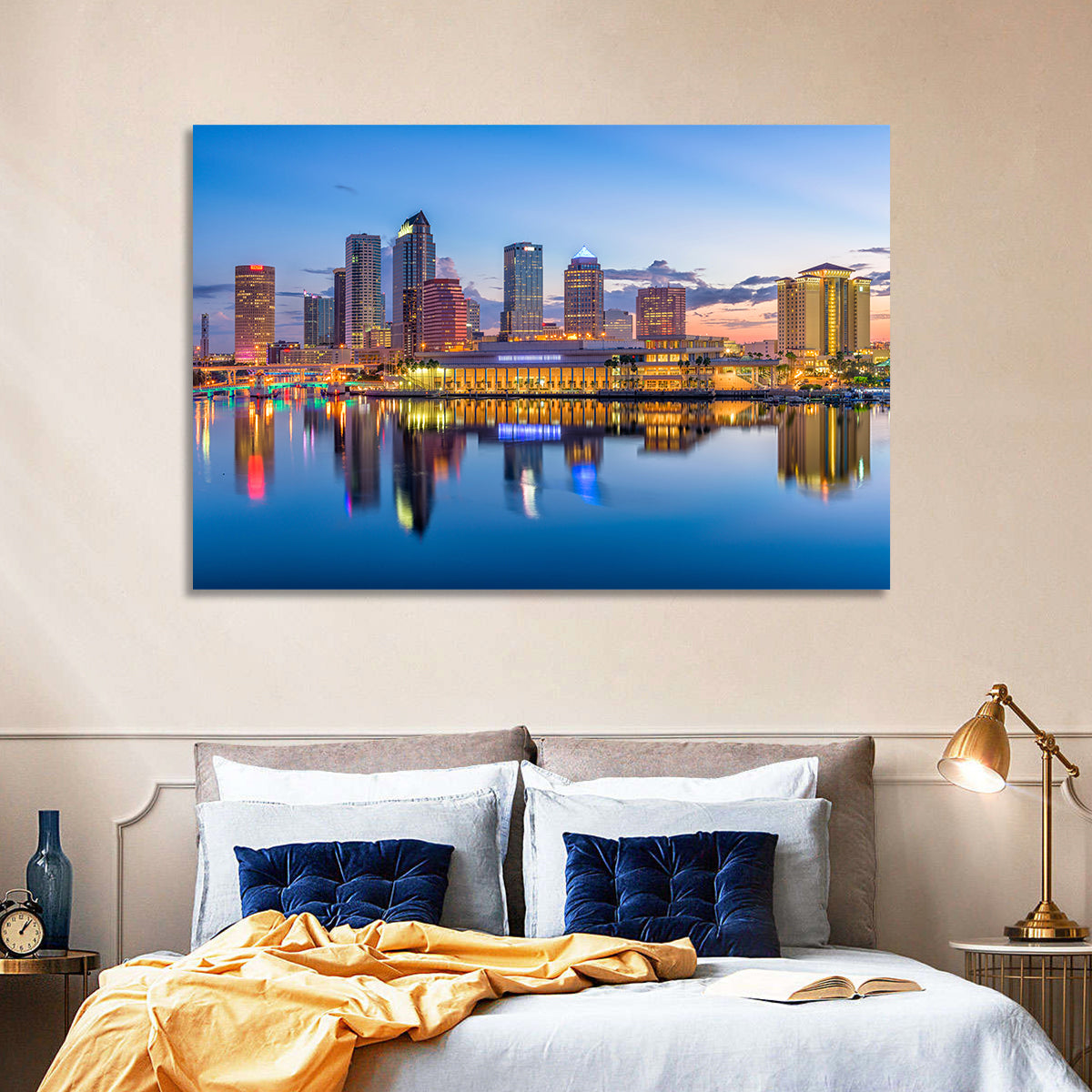 Tampa Twilight Skyline Wall Art in a room, landscape