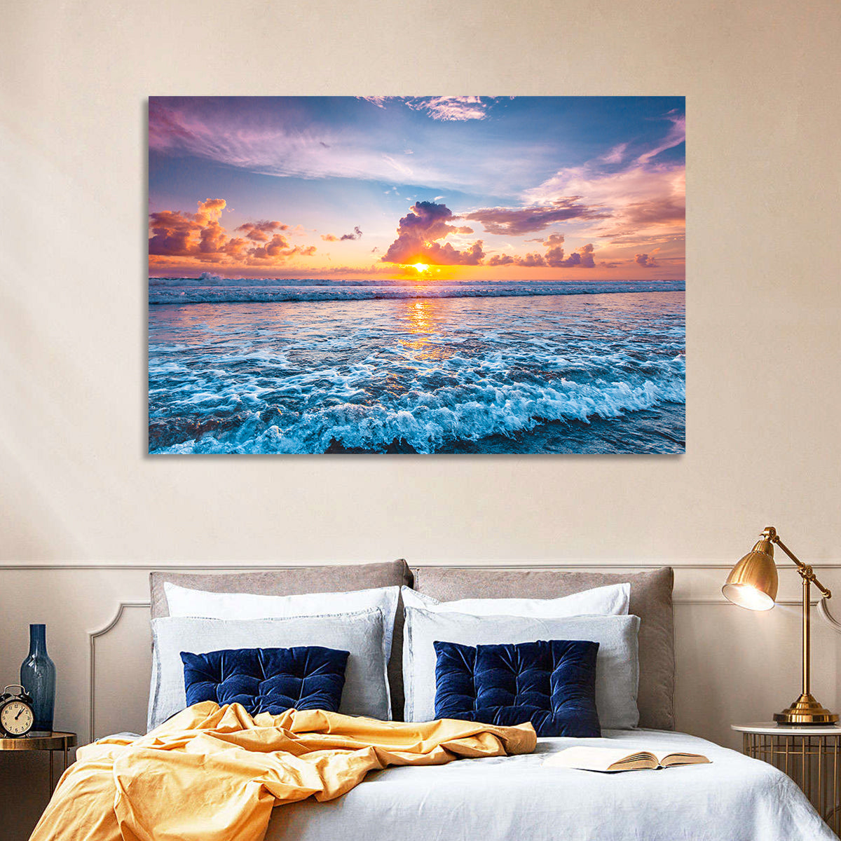 Sunburst Ocean Wave Wall Art in a room, landscape