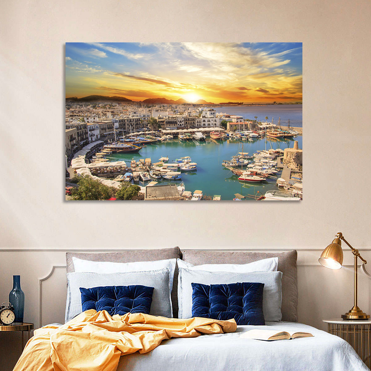 Kyrenia Harbour at Sunset Wall Art in a room, landscape