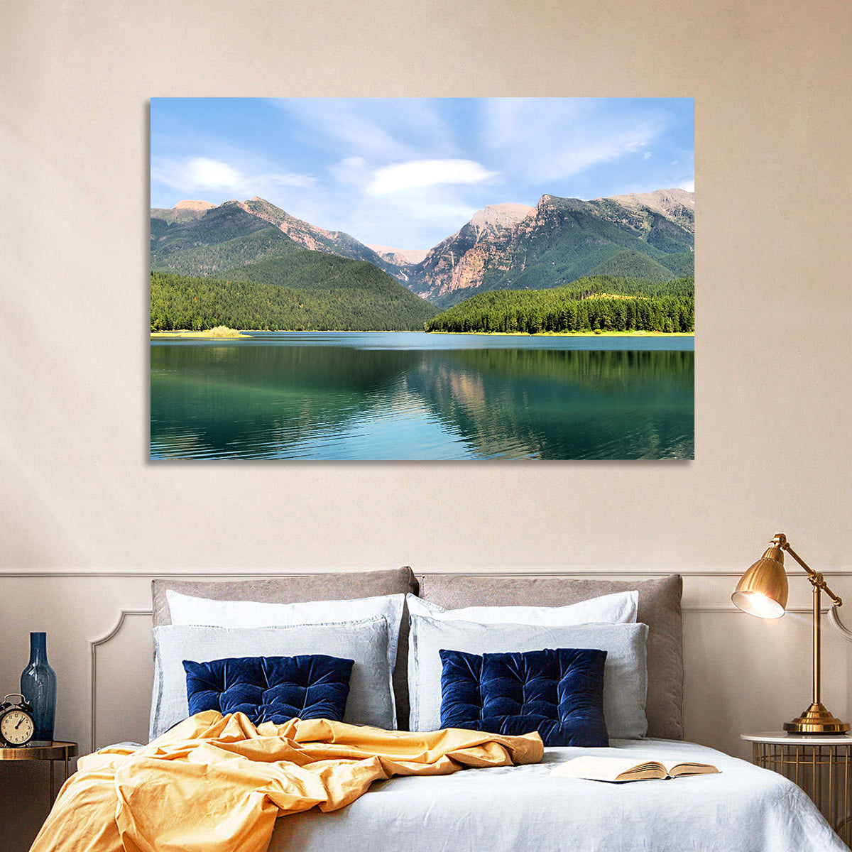 Mission Mountain Lake Reflection Wall Art in a room, landscape